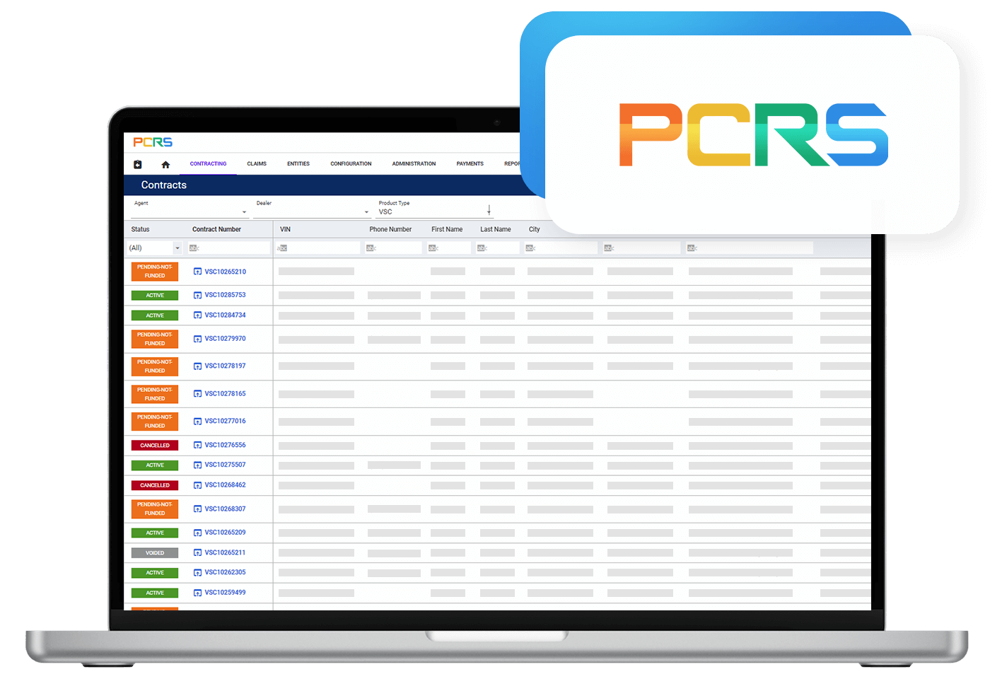 PCRS software screenshot and logo